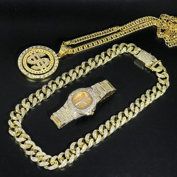 

luxury men gold watch hip hop dollar sign gold color necklace ouyt cuban crystal miami chain men watch & necklace combo set, Silver