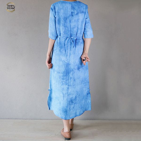 

3xl 4xl 5xl plus size vintage dress women long dress tie dye print half sleeve splits bandage back oriental robe female gowns, Black;gray