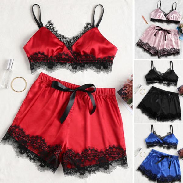 

2pcs newly women clothing satin floral lace sleepwear babydoll casual comfy lingerie nightdress pajamas set, Blue;gray