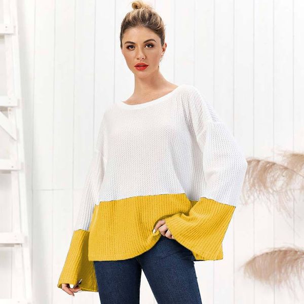 

women casual sweater contrast color stitching long sleeve loose knitting sweater pullover jumper sweaters autumn winter 2020, White;black