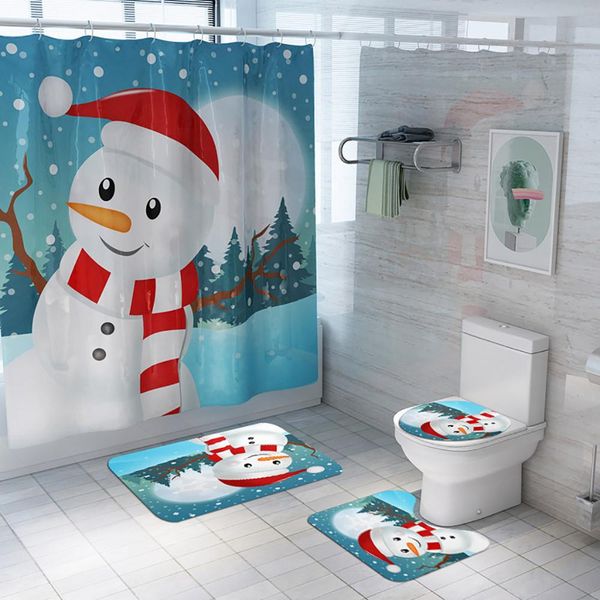 

4pcs christmas little snowman bathroom shower curtain non slip toilet polyester cover mat set carpet tapis salle de bain @10