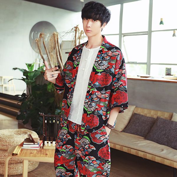 

2019 японский стиль кимоно кардиган китайский стиль мужской ретро кардиган новый китайский одежда хлопок белье топ, Tan;black
