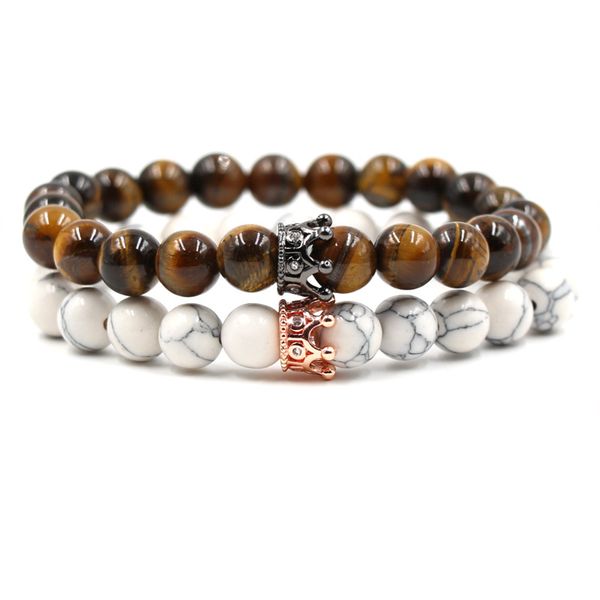 

17 styles 2pc/set 8mm natural stone bracelet couples crown luxury designer jewelry women bracelects tiger eye turquoise men bracelet gift, Black