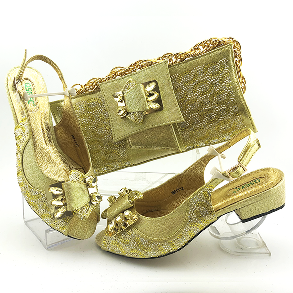 

fashion gold low heel lady sandal shoes and bag set italian new fashion design for african aso ebi party shoes and bag sb2021-1, Black