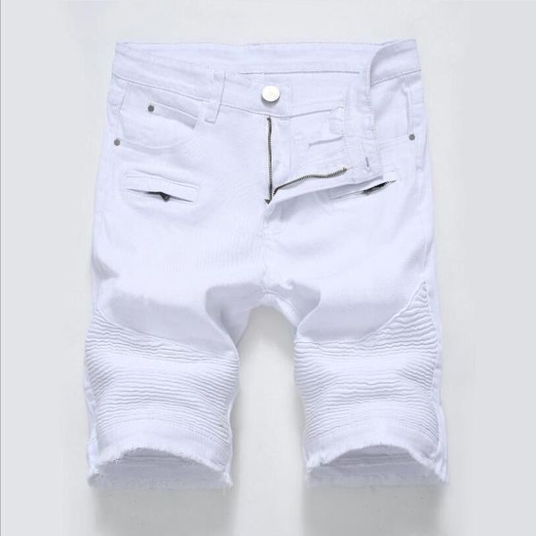 

men white denim shorts pleated jean shorts new fashion men stretch short jeans moto biker style denim size 42, Blue