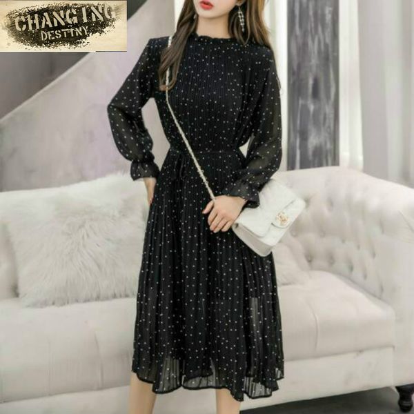 

new fashion autumn lady long chiffon dress korean black vintage clothes women long sleeved polka dot pleated dresses, Black;gray