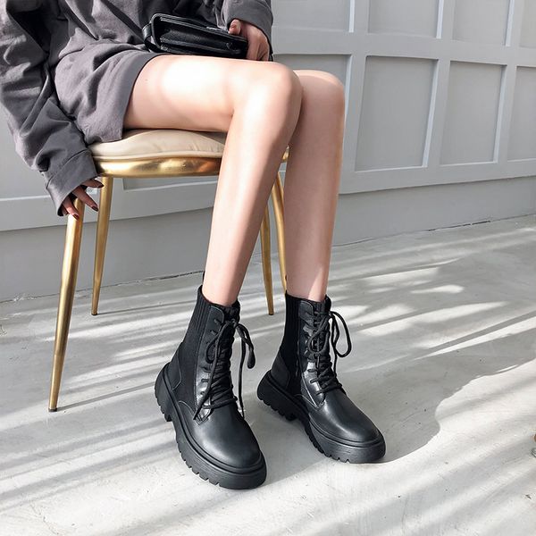 

halozeroo thick bottom comfortable high boots women's boots 2019 new thick leather wild socks shoes, Black