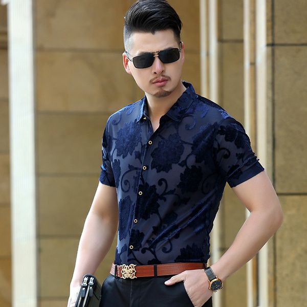 

men's casual shirts see through summer tencel cool flower transparent men lace party club mesh shirt chemis homme, White;black