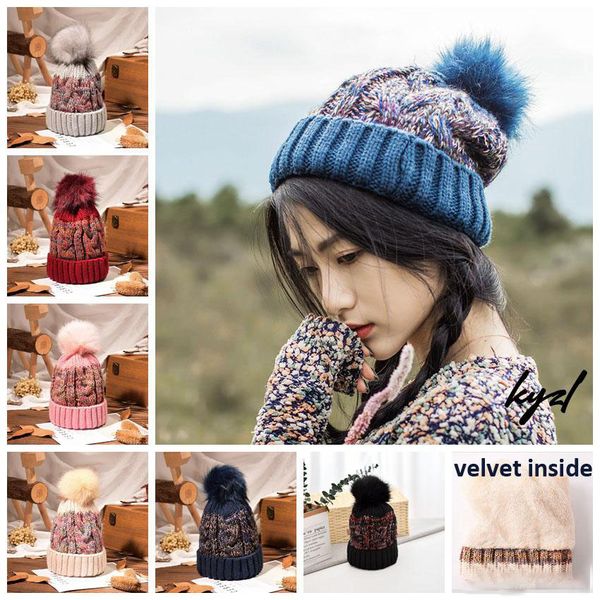 

womenknit pom pom beanie hat crochet slouchy chunky baggy winter hat soft warm ski cap with velvet inside jj19968, Blue;gray
