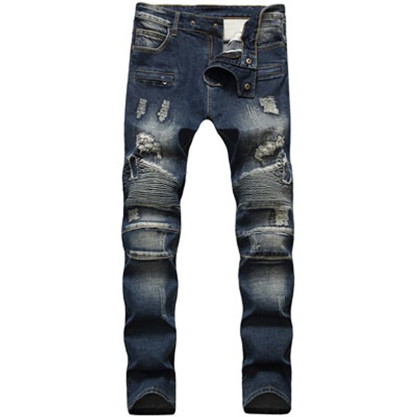 

mens designer jeans denim black ripped pants version fashion skinny broken hole bike motorcycle rock revival, Blue