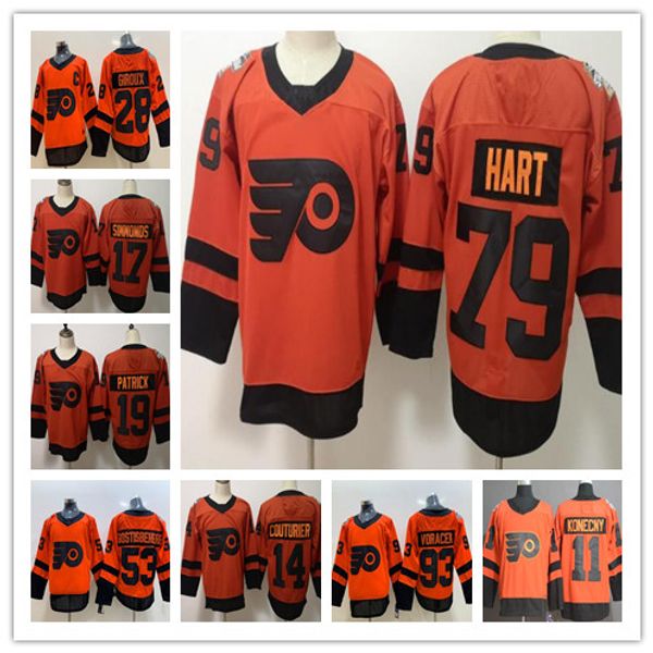 

2019 philadelphia flyers stadium series hockey carter hart 28 claude giroux 17 wayne simmonds 53 gostisbehere voracek konecny hockey jersey, Black;red