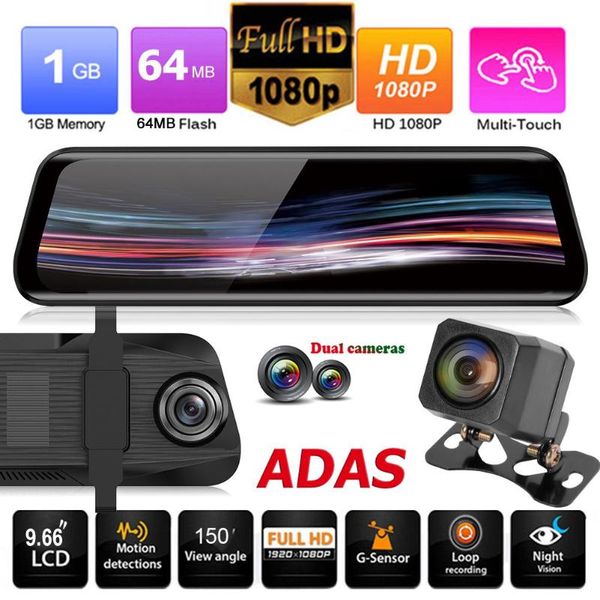 

anytek t11+ 9.66 inch rearview mirror dvr camera 1080p+720p adas dash cam car dvr