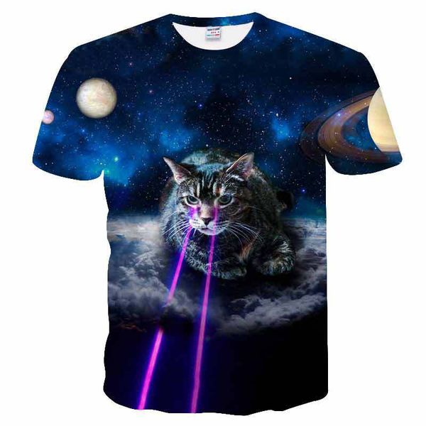 

faddish cosmic galactic space laser cat new fashion t shirt 3d print men/womens summer round collar short sleeve casual hip hop u1574, White;black