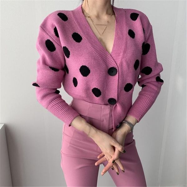 

women v-neck knitted cardigan open stitch women long sleeve slim polka dot sweater casual ladies cardigan, White