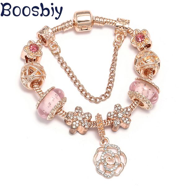 

boosbiy fashion european style charm bracelet for women crystal rose flower bead fit brand bracelets jewelry pulseras mujer, Golden;silver