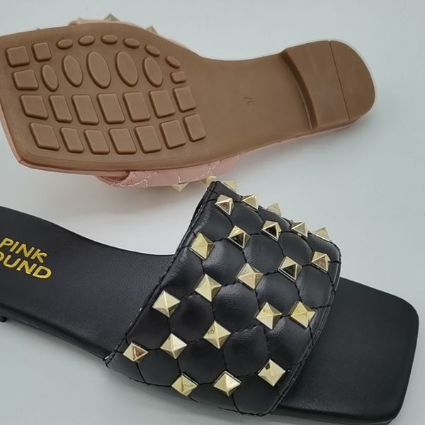 

women summer rivet 2020 flat shoes female sewing slipper casual non slip female shoes fashion pu big size 41 slides rubber solid, Black