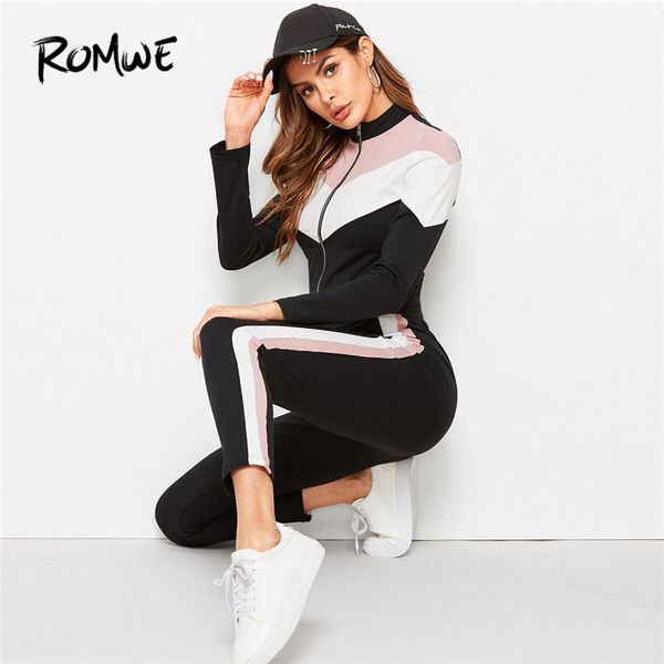 

romwe sport cut and sew chevron jacket workout two piece set women autumn zip up crop with legging running set sportswear, Black;blue