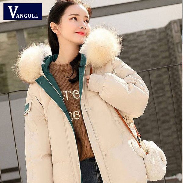 

vangull solid fur hooded thicken long down coats women female casual long sleev warm cotton coats with color hat cotton-padded, Black;brown