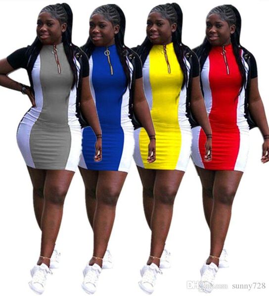 

2020 spliced colors women sports dresses zipper neck short sleeves multicolors stripes shorts sheath dress summer 4 colors