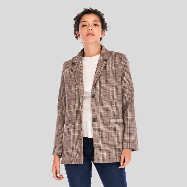 

2019 new spring autumn fashion houndstooth turn down collar plaid blazer women vintage casual blazers, White;black
