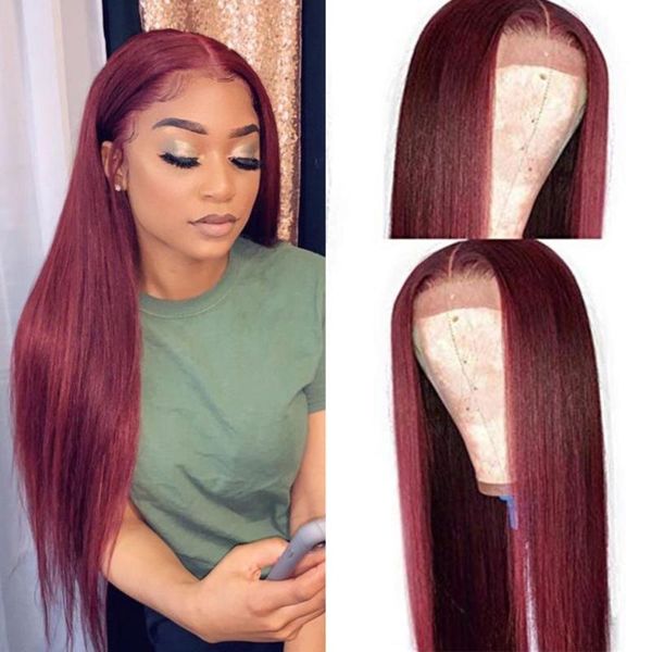

burgundy red human hair wig 13x6 deep part wig glueless preplucked with baby hair silk straight 99j brazilian remy, Black;brown
