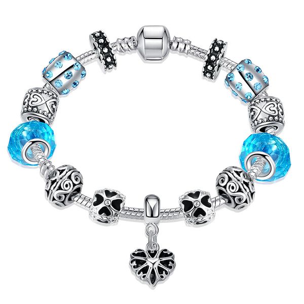 

selling exquisite european style 925 silver crystal charm bracelet for women with blue murano glass beads diy jewelry, Golden;silver