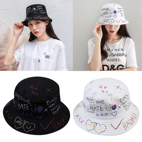 

women men summer harajuku outdoor bucket hat korean letters heart graffiti printed personality hip hop fisherman cap streetwear