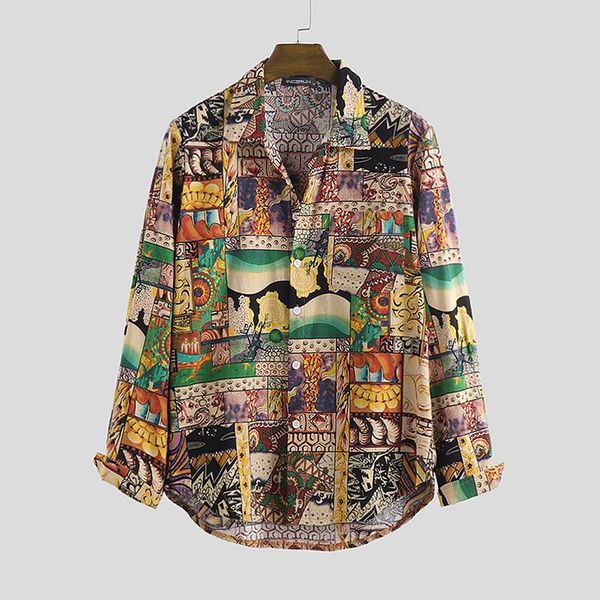

vintage men casual shirt printed long sleeve button lapel hawaiian streetwear blouse loose 2020 brand mens beach shirts camisa, White;black