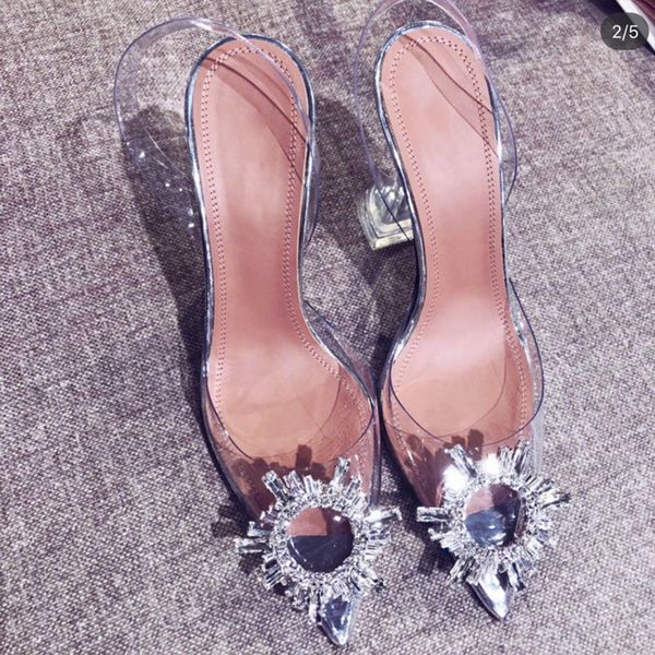 

women's transparent sandals with word with water diamond baotou heels, Black