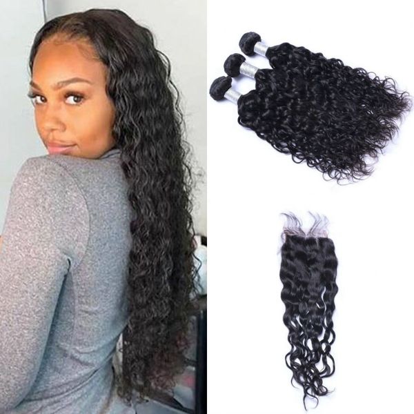 

indian human hair water wave bundles with closure natural color non remy hair weave with closure 4 pcs/lot, Black;brown