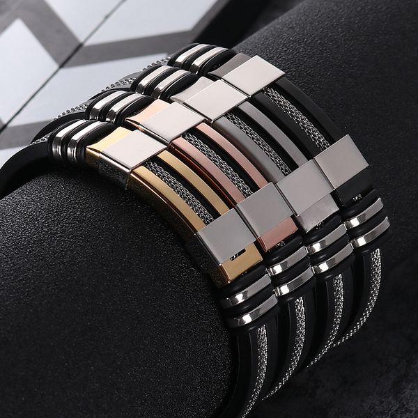 

мужская нержавеющая сталь силиконовый черный браслет простой резиновый новый дизайн панк шарм браслет браслет для мужчин мода ювелирные изде, Golden;silver