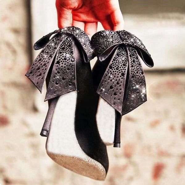 

sandals cowcom 2021 12cm high heels women wedding pumps style rhinestone bow comfort satin fabric big -168-1, Black