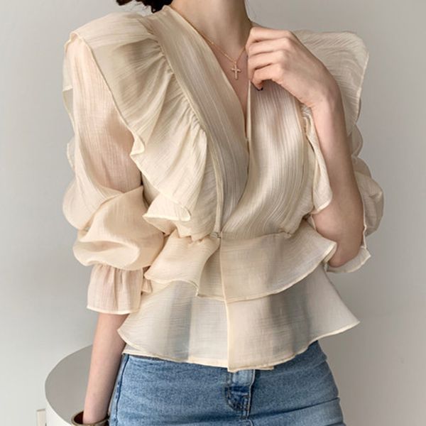 

women's blouses & shirts woman chiffon lining 2021 spring summer french elegant design v-neck ruffled lace-up blouse ladies european am, White