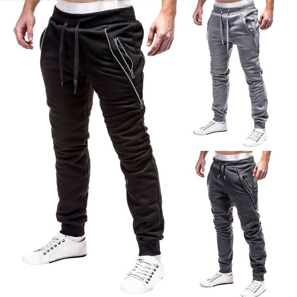 

fashion men's sport zipper lashing belts casual loose sweatpants comfortable casual style drawstring pant 2018 drop ship, Black