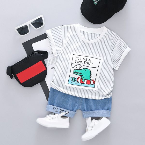 

summer baby boys girls short 2pcs/set sleeve stripe cartoon print t-shirt+denim shorts children casual outfits sets, White