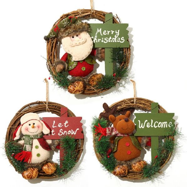 

christmas wreath rattan garland with plush dolls santa claus/snowman/ reindeer hanging pendant for door wall window decoration