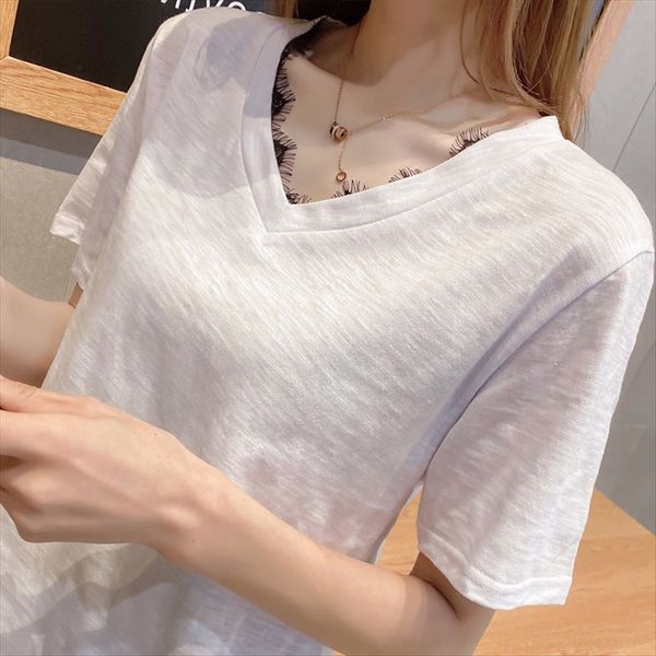 

bamboo t- cotton t- female loose korean style solid color v-neck shirt female summer 2020 duan xiu base shirt, White