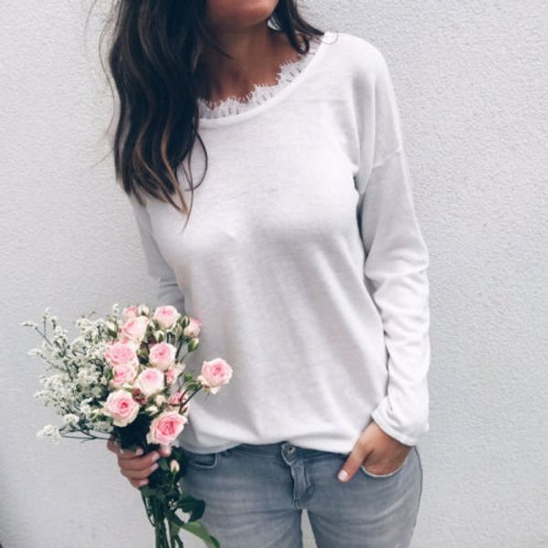 

2018 new women lace t-shirts oversized loose long sleeve back lace up deep v neck shirt ladies jumper t-shirt, White