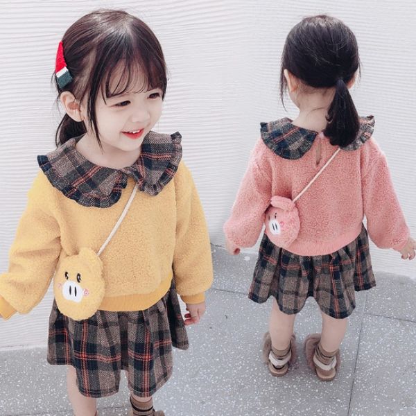 

6m-3t 2 piece children sets winter girls cute plaid print fake bottoming long sleeved sweet princess dress clothing new 2020, White