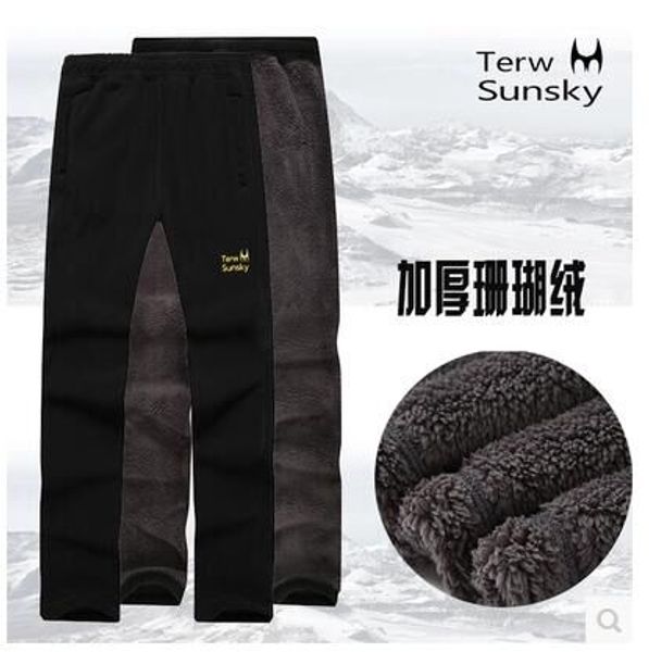 

outdoor plus velvet thickening double layer compound windproof thermal men's fleece pants, Black;green
