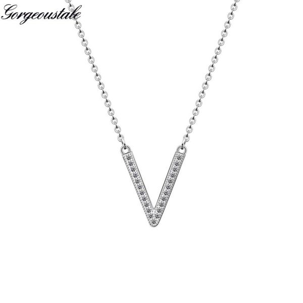 

великолепная сказка dainty буква v ожерелье для женщин цвета серебра цепи нержавеющей стали кристалл треугольник подвеска collier femme giaz, Silver