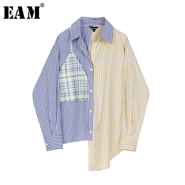 

women's blouses & shirts [eam] women blue striped stitch big size blouse lapel long sleeve loose fit shirt fashion tide spring autumn 2, White