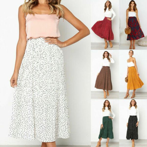 

2019 new arrival womens boho summer casual high waist midi skirts ladies pleated beachwear floral long skirt female streetwear, Black