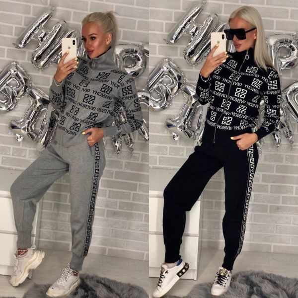 

2019 women's sportswear two piece set2019 women's letter printed leisure sports suit, Gray
