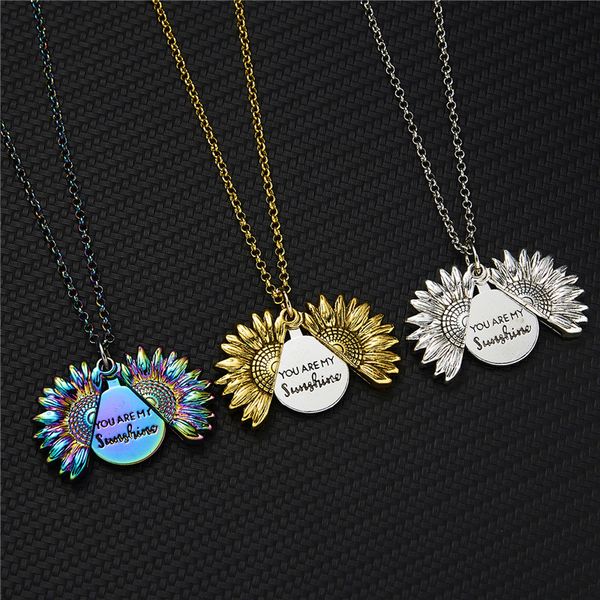 

2020 new women gold color necklace custom you are my sunshine open locket sunflower pendant necklace dropshipping, Silver