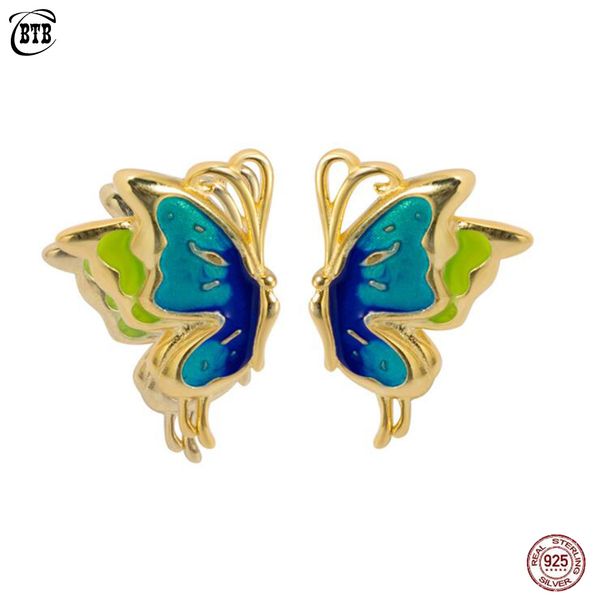 

925 sterling silver синий эмаль бабочка серьги стержня ювелирных изделий способа золото серебро цвет insect серьги для женщин, Golden;silver