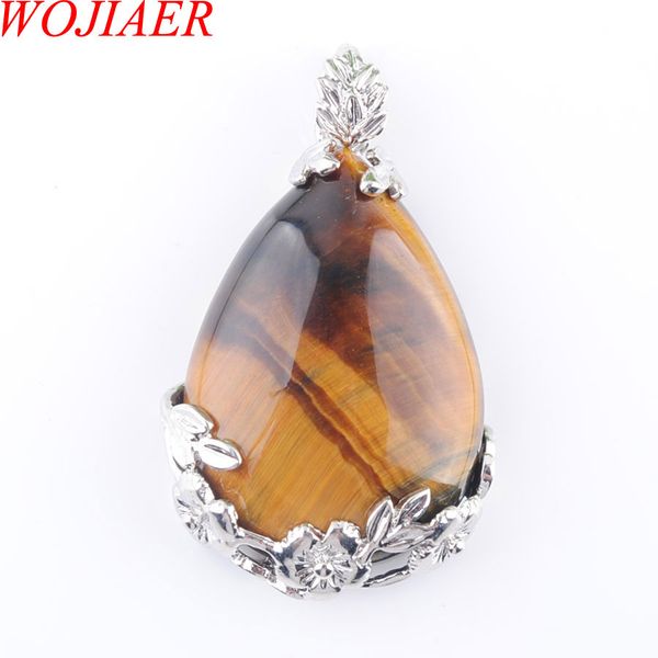 

wojiaer tear water drop love natural tigers eye gem stone pendant necklace reiki bead women jewelry n3462, Silver