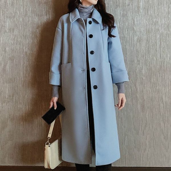 

women wool blends coat jacket women's fall autumn winter korean leisure overcoat long elegant jackets coats blend sky blue, Black