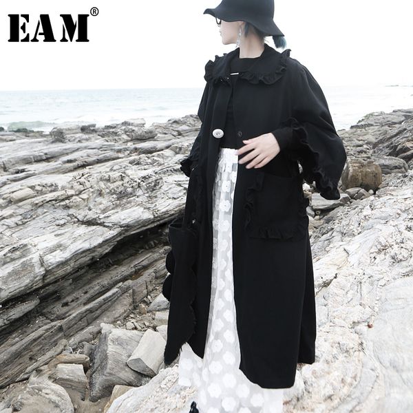 

eam] loose fit black long ruffles split joint big size jacket new lapel long sleeve women coat fashion autumn winter 2019 1d841, Black;brown