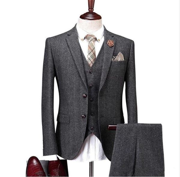 Hochzeits-Smoking 2019 Herren-Vintage-Anzug 3-teilig Tweed Fleck Tweed Wolle Dunkelgrau Maßgeschneiderter Trauzeugen-Trauzeugen-Smoking (Jacke + Hose + Weste)